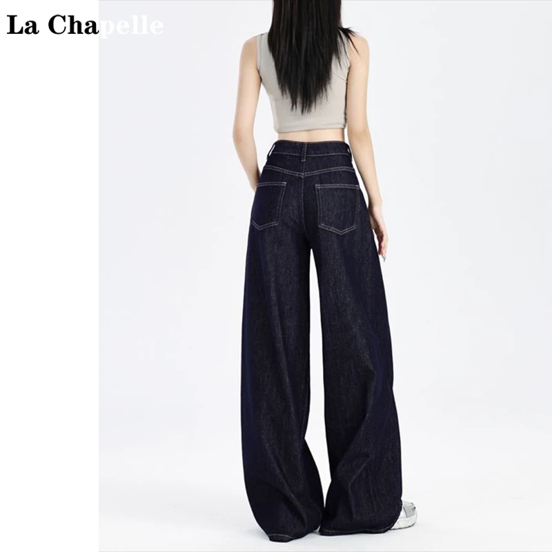 La Chapelle/拉夏贝尔深蓝阔腿牛仔裤女2025夏季新款宽松直筒裤子