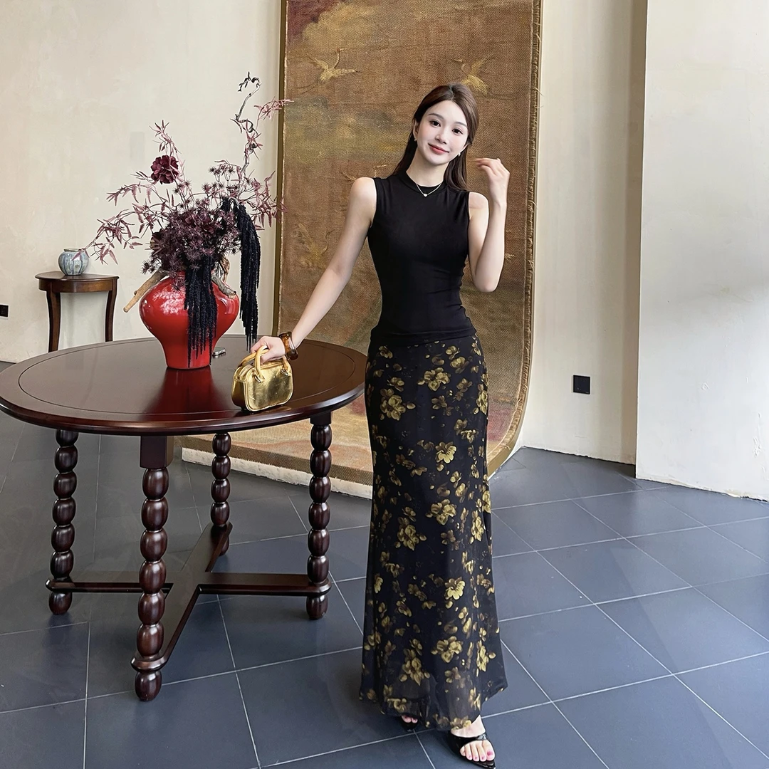 WOWDARK法式复古背心上衣半身裙印花套装夏季新款时尚通勤穿搭女