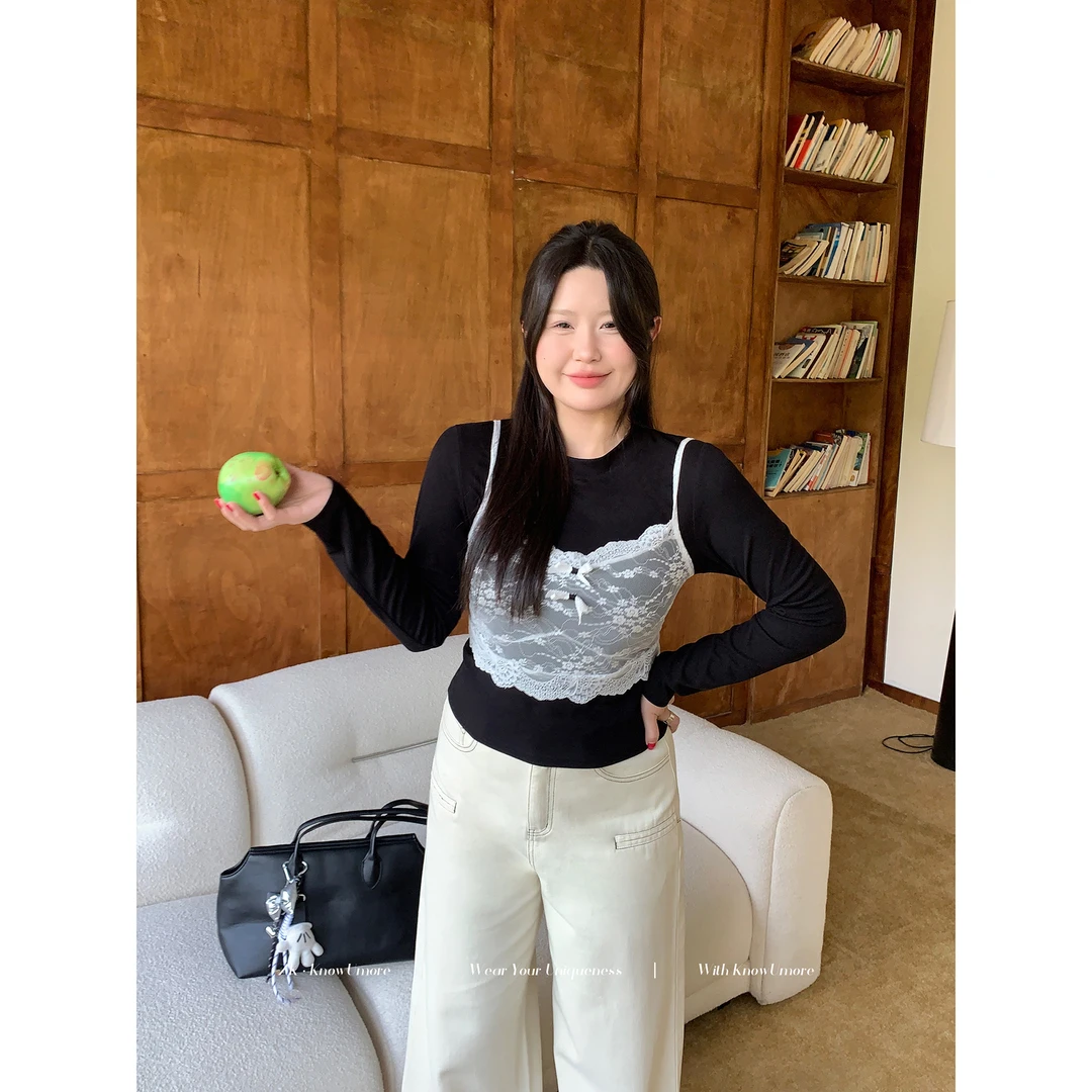 知葵微胖定制【party甜心】初春T恤蝴蝶结花边吊带套装12244TZ6862