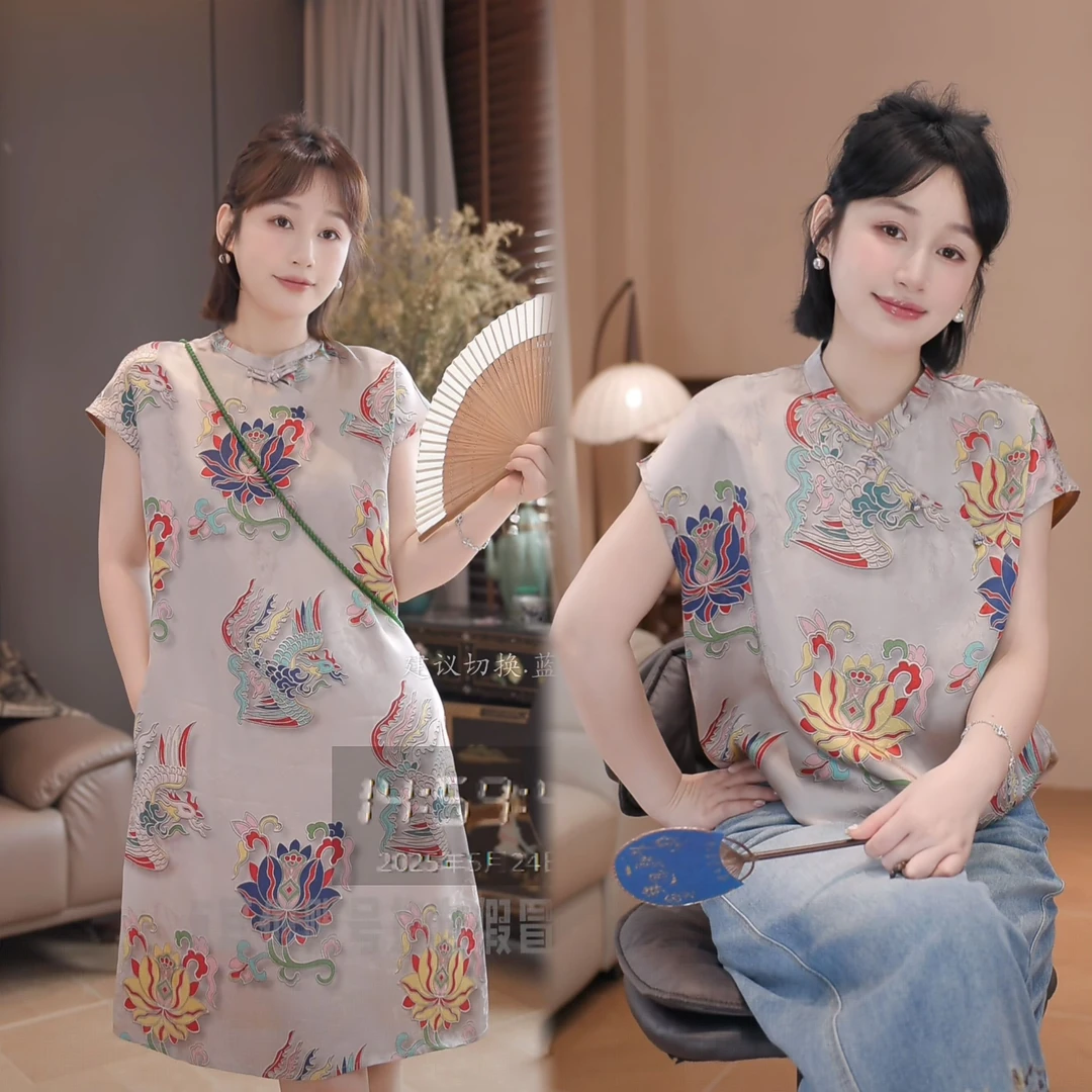 柚茗精选------{凤莲唐花}人丝%短袖连衣裙-Q