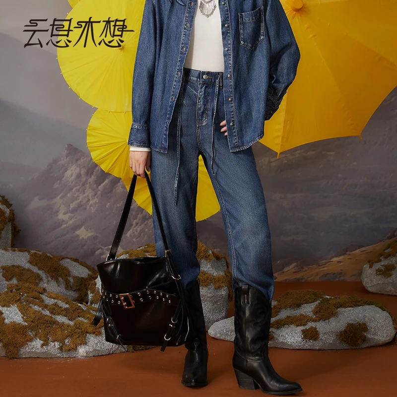 Ysimo-X云思木想摩登国风女装2024秋季橡筋抽绳直筒牛仔裤12257