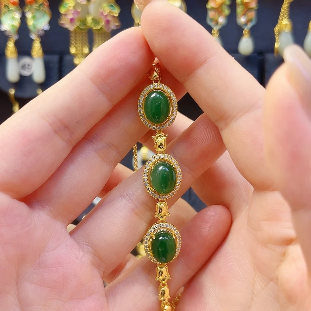 和田玉银S925镀金镶嵌手链