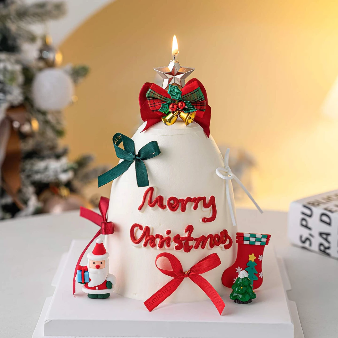 2026圣诞节简约蛋糕装饰蝴蝶结铃铛摆件圣诞老人五角星蜡烛插件