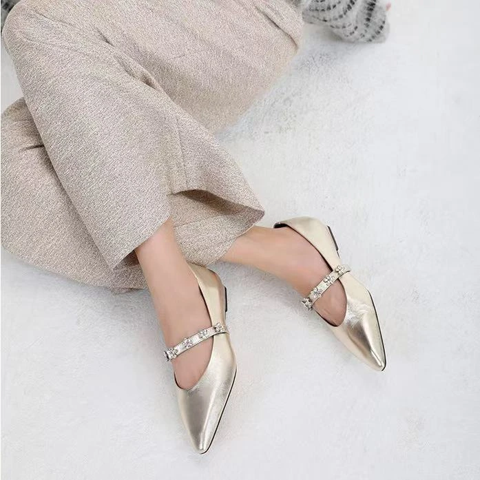 C1755 金色 时尚尖头舒适低跟玛丽珍浅口女单鞋