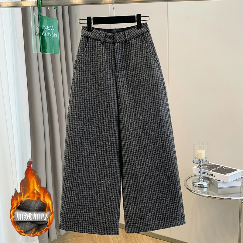 冬季加绒加厚格子休闲直筒裤女时尚百搭半松紧显瘦毛呢阔腿九分裤