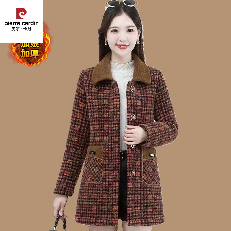 皮尔卡丹中年妈妈冬装加绒加厚毛呢外套新款中老年女秋冬仿水貂绒