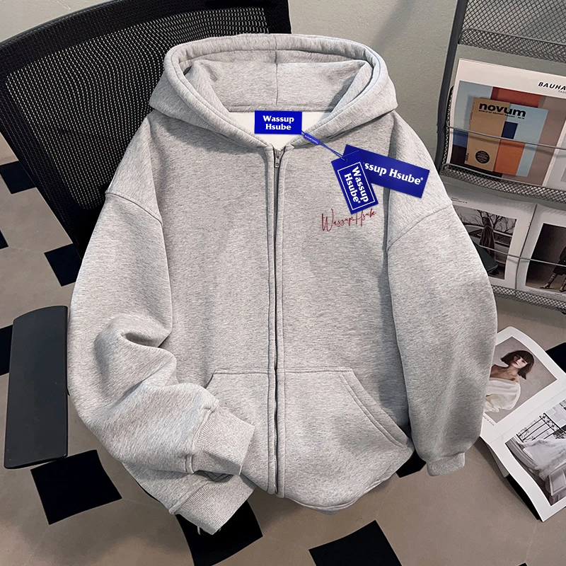 WASSUP HSUBE英文潮牌重磅印花图案连帽开衫卫衣情侣男女上衣休闲