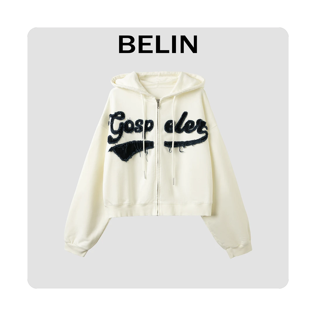BELIN 字母刺绣印花 时尚休闲连帽卫衣外套减龄百搭短款秋季新款