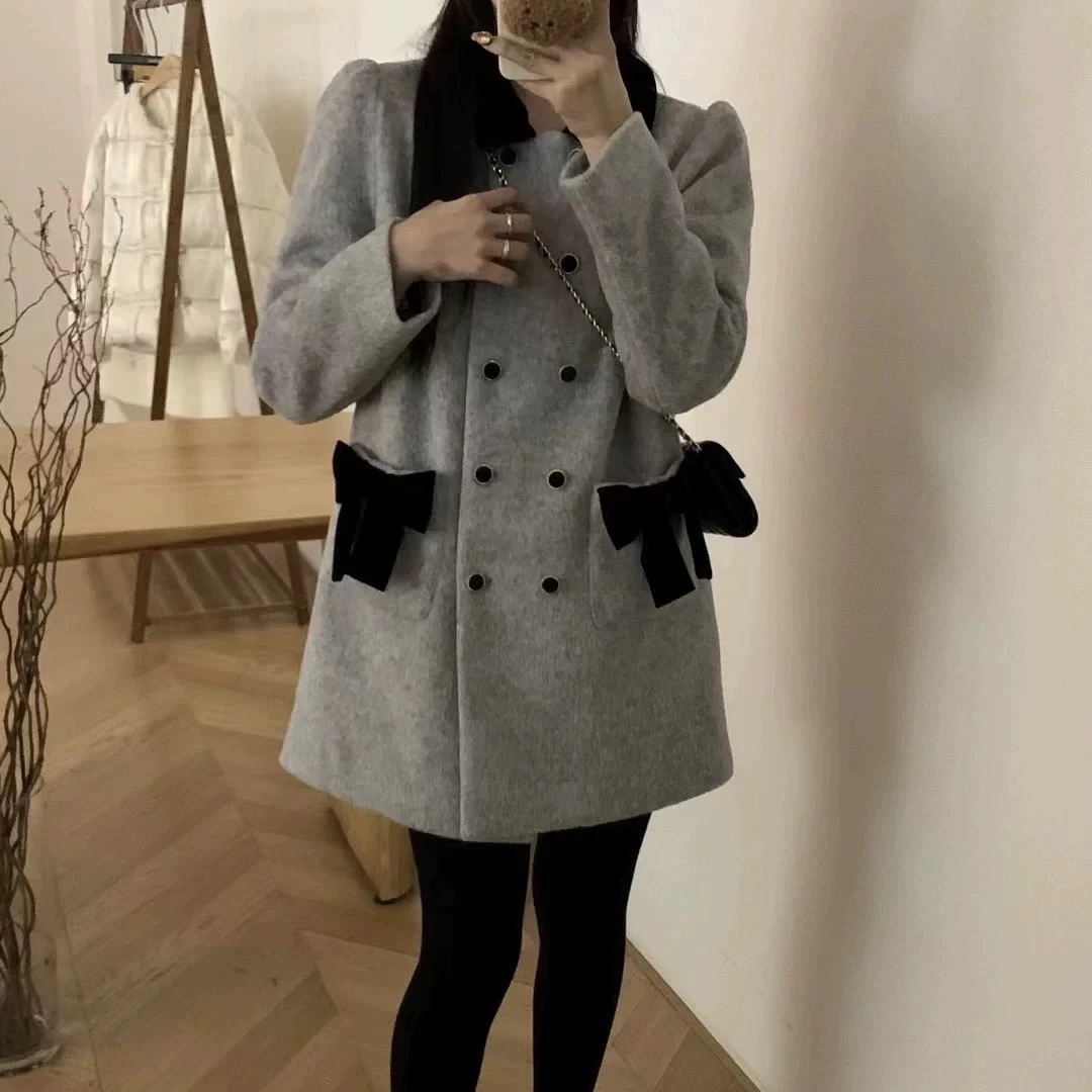 法式蝴蝶结领小香风毛呢大衣复古外套洋气百搭名媛气质时尚中长款