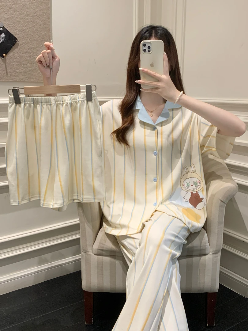 【拉布布】夏季纯棉睡衣女甜美卡通短袖短裤宽松可外穿套装家居服