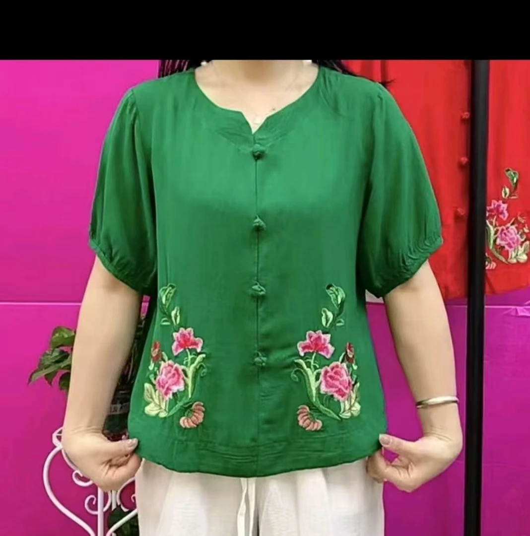 夏季新款洋气中老年显瘦彩色时尚妈妈短袖上衣