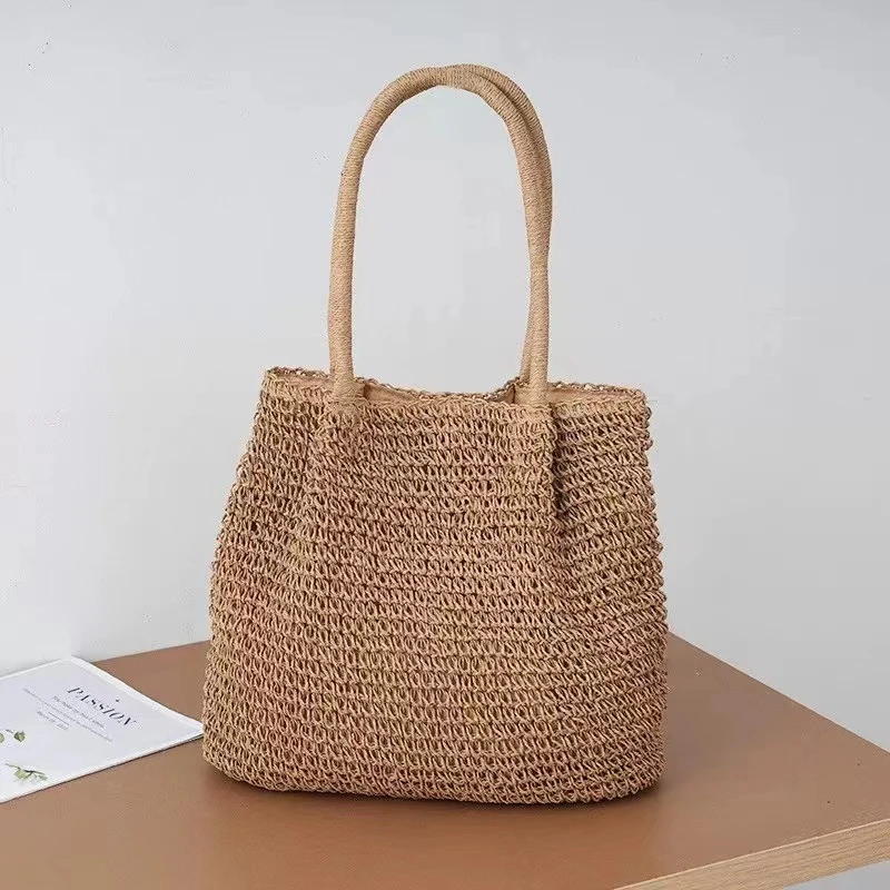 G06慵懒风纯色草编包大容量单肩包沙滩包