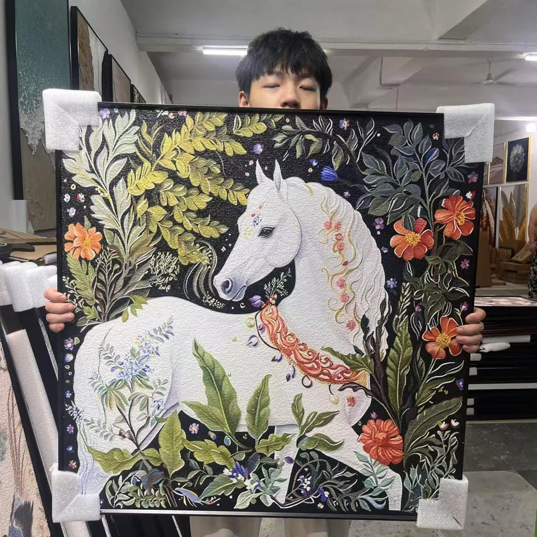 法式古典丝巾系骏马马主题客厅沙发背景墙复古轻奢装饰画8080