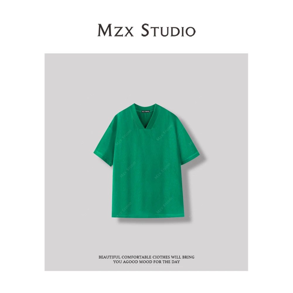 MZX 夏季V领宽松休闲绿色T恤上衣SY8019-F