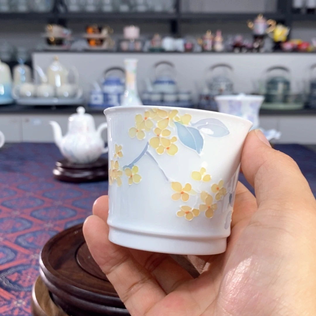 桂花品茗杯手绘釉下高温
