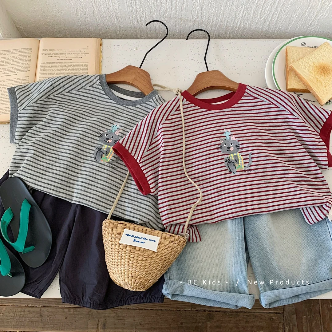 BC  2025夏季新款男童条纹猫咪夏装中小童韩版短袖T恤  H0177