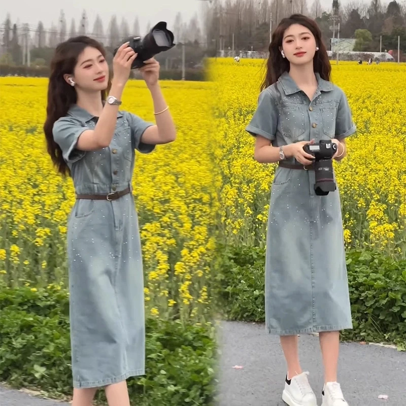 现货 2025夏季新款高腰显瘦牛仔连衣裙女气质减龄中长裙复古裙子