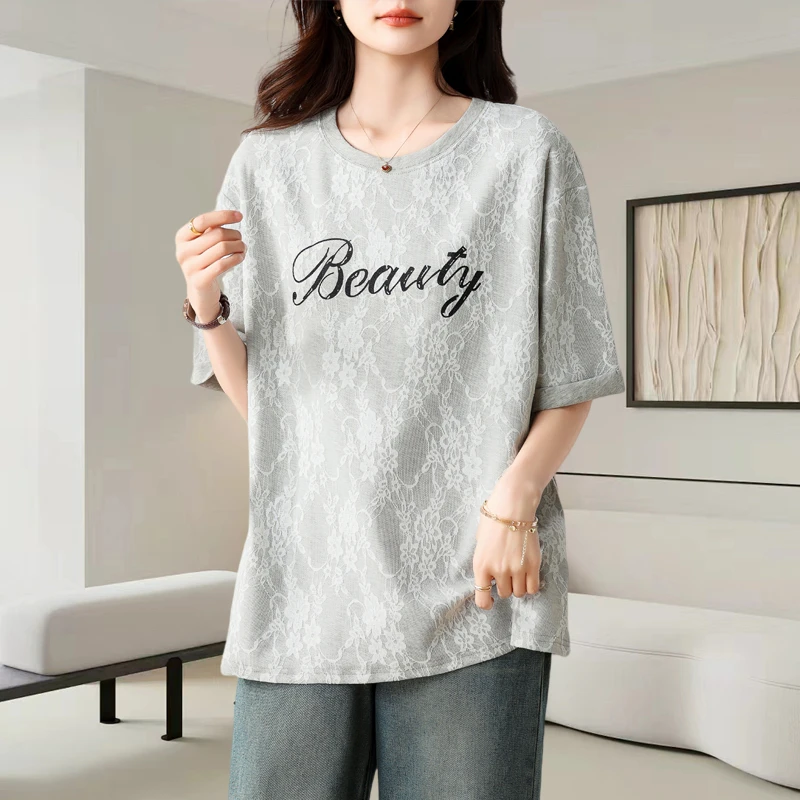美式复古字母蕾丝短袖t恤女秋夏新款宽松休闲洋气设计感圆领上衣