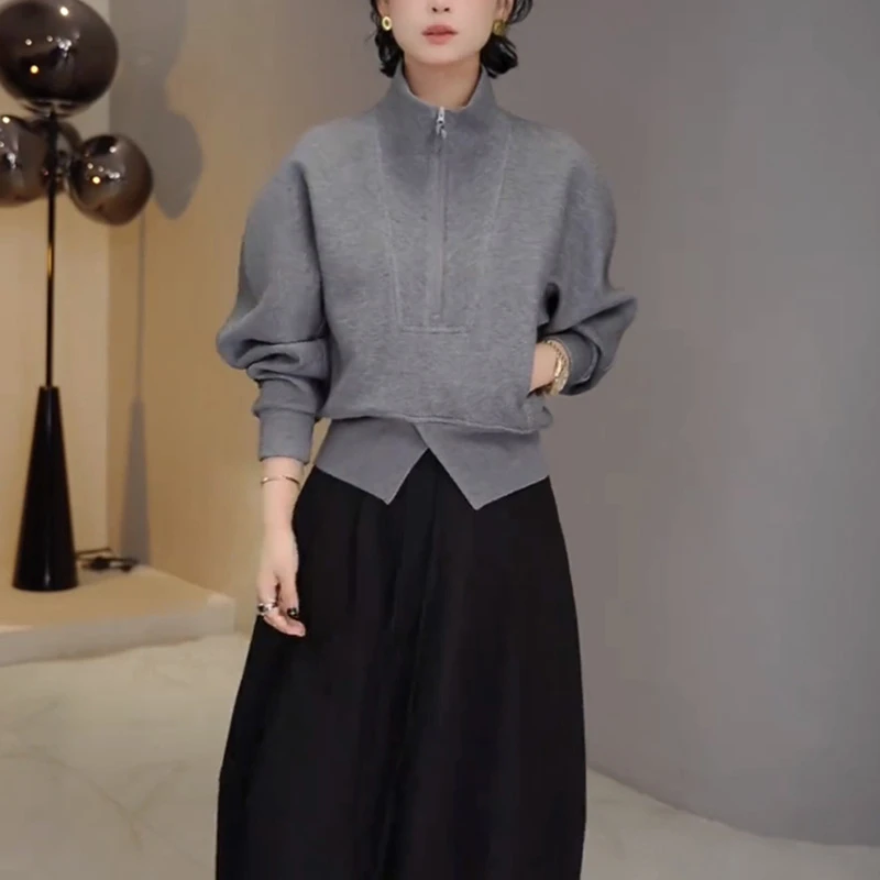 美式复古半拉链卫衣外套女2025秋季新款时尚休闲松紧开叉立领上衣