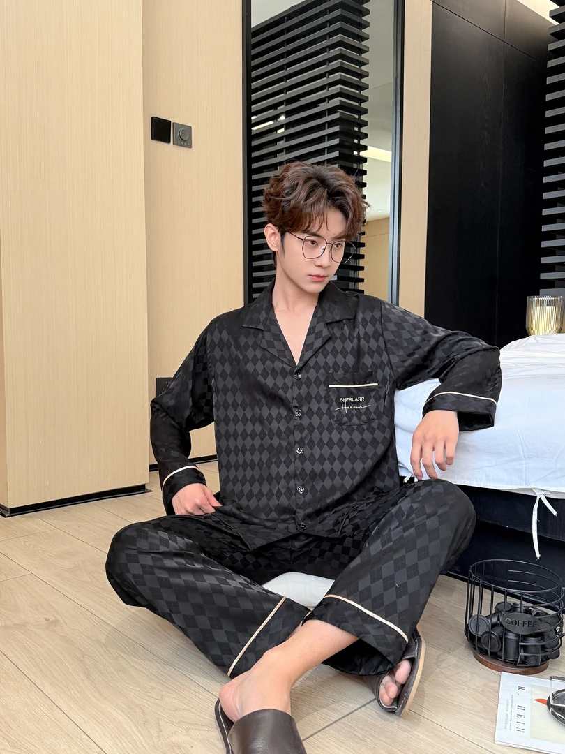 薄款秋季长袖保暖睡衣家居服套装加大春秋款男士简约夏季