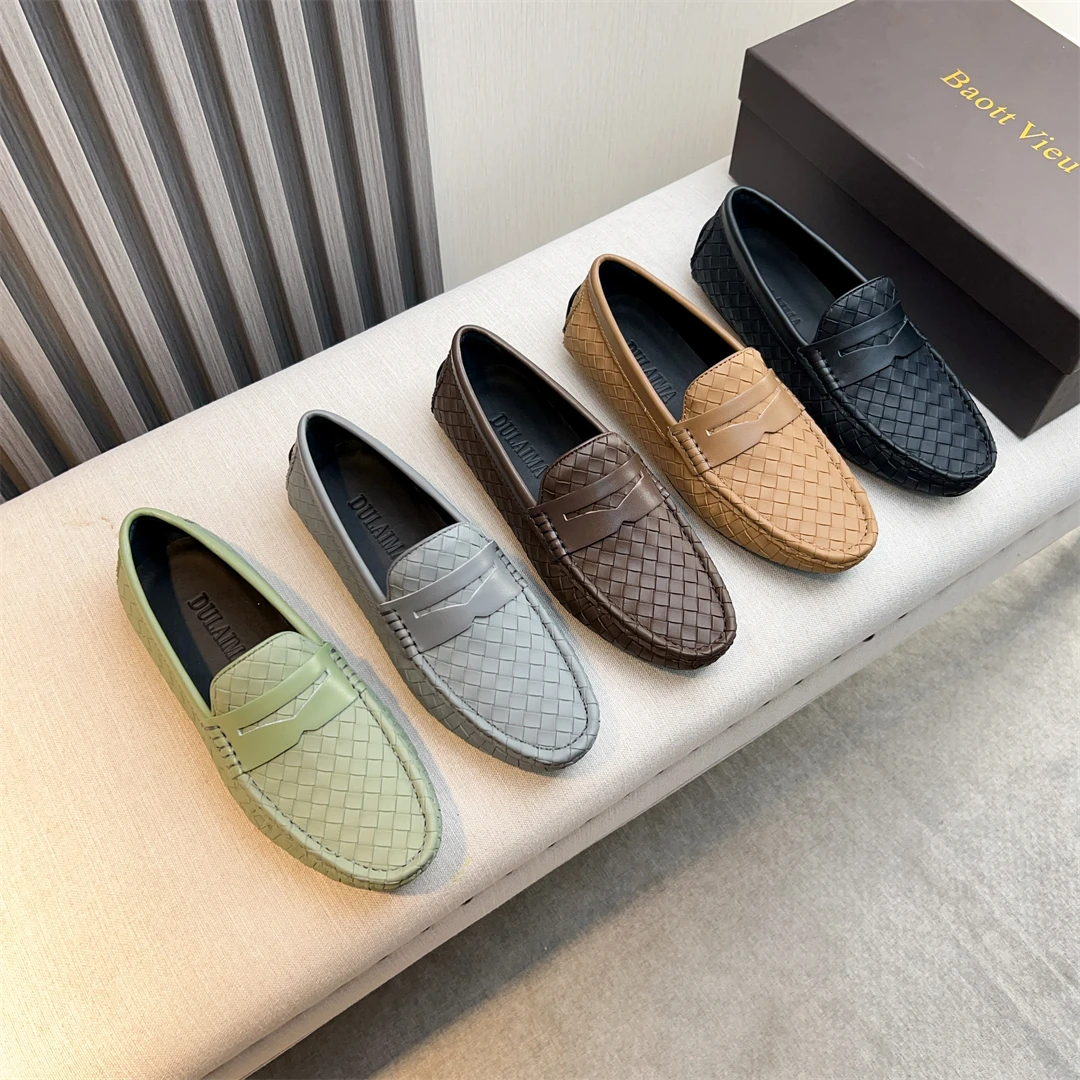 Baott Vieu（Bv男鞋）夏季新款手工真皮编织透气一脚蹬男士豆豆鞋