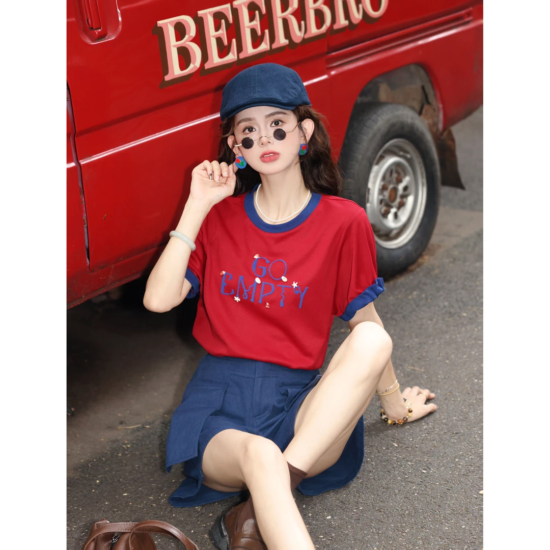 陈大器【清空心事】港风复古拼色夏季短袖T恤休闲上衣JF1102577