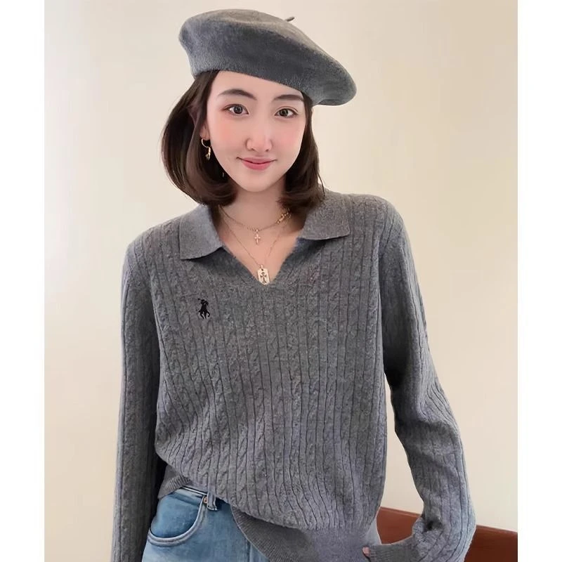2025新款宽松上衣韩版麻花刺绣套头翻领毛衣针织衫长袖打底别致女