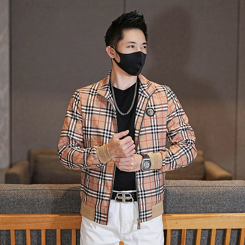 2025秋季潮牌时尚简约印花夹克男士潮流个性帅气修身外套夹克格子