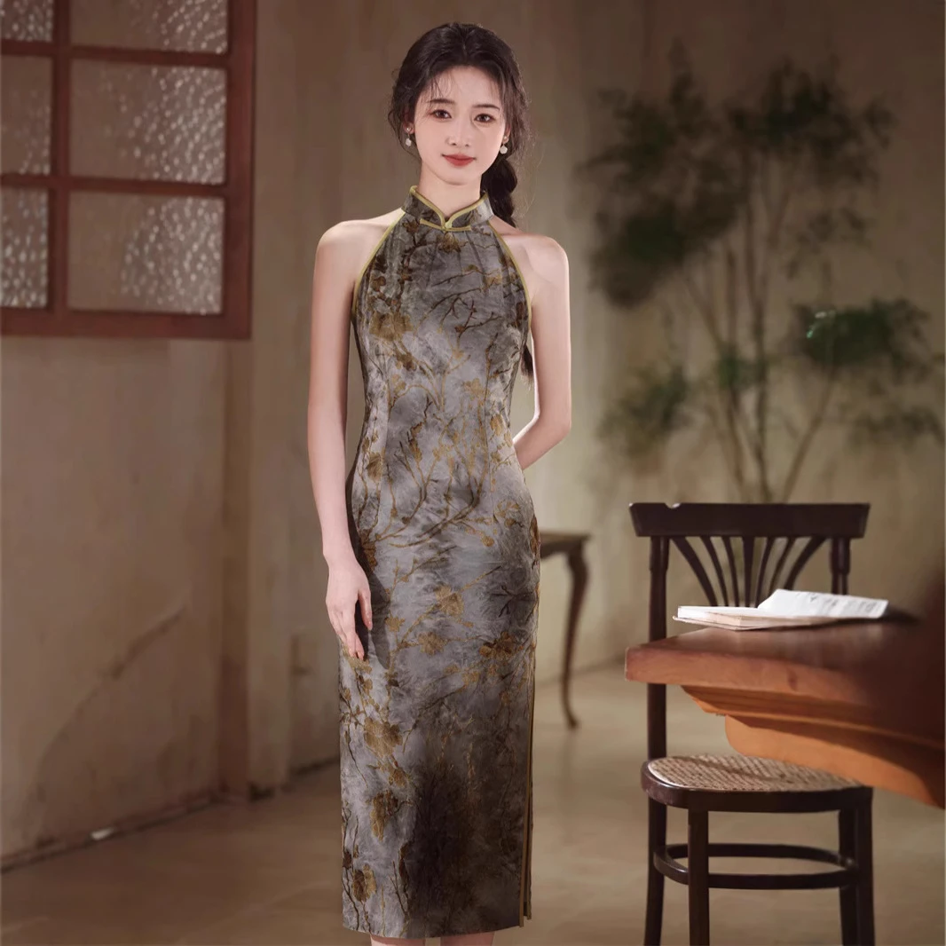 2025春夏新款 挂脖扎染印花中长款新中式年轻款性感修身