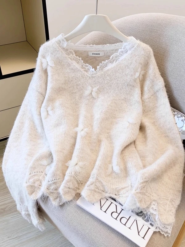 法式蕾丝花边蝴蝶长袖针织衫女2025新款秋冬宽松软糯甜美减龄毛衣