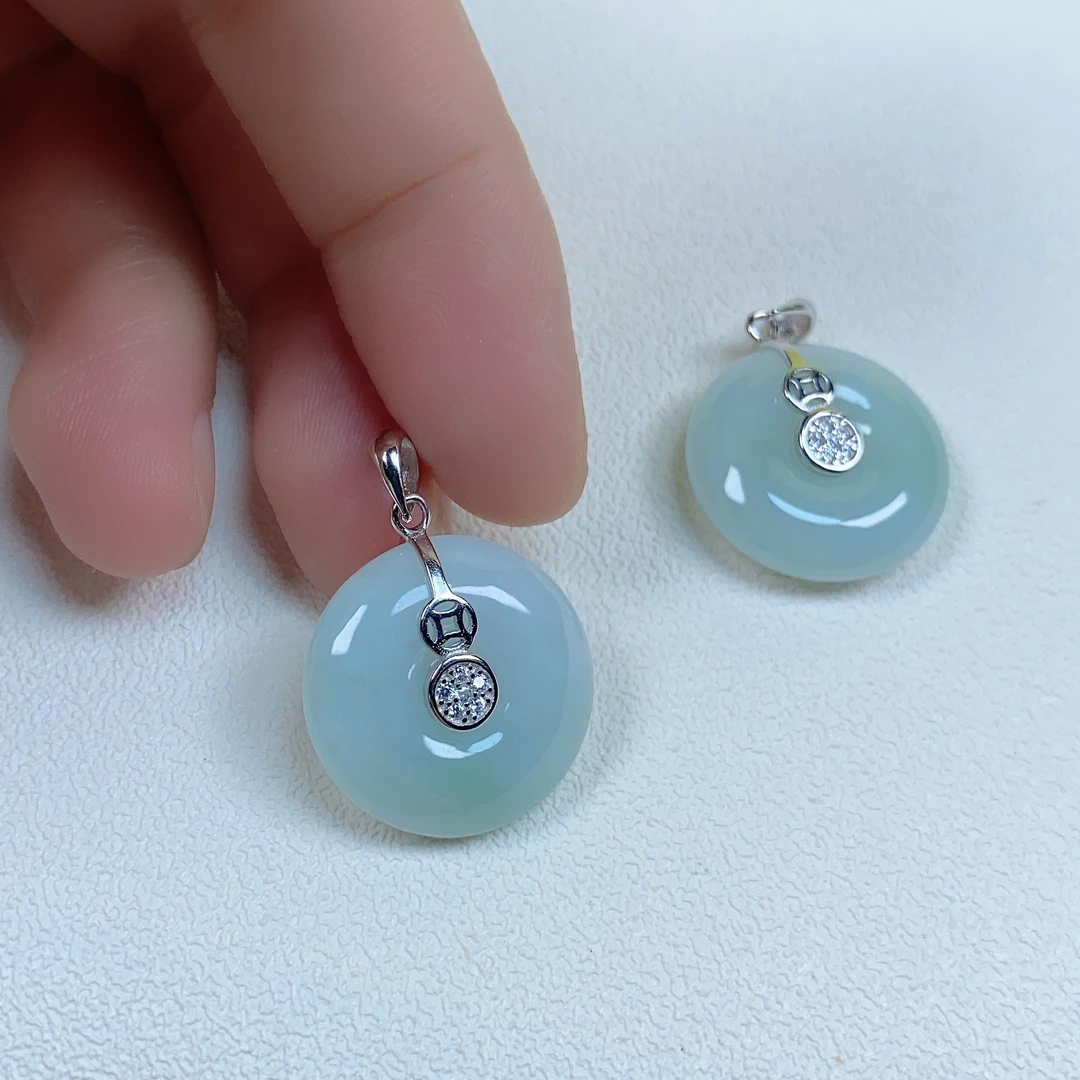 S925银镶天然翡翠小平安扣（17-20mm大小）吊坠坠简约百搭精美