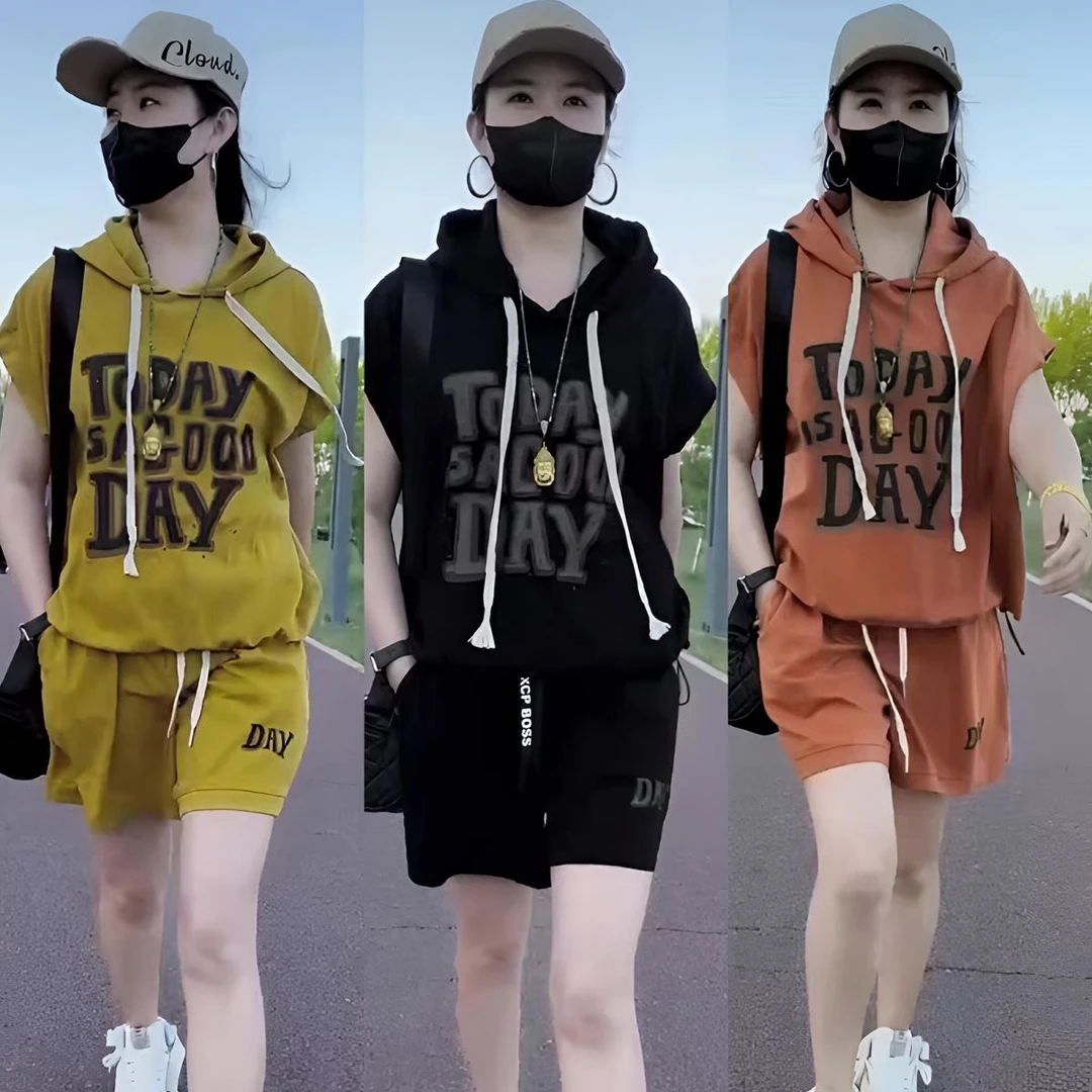 夏季洋气网红时尚套装显瘦韩版休闲百搭字母连帽短袖短裤两件套