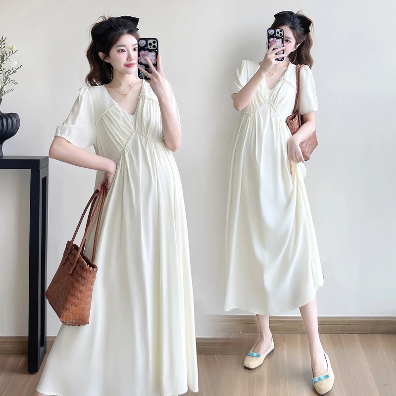 孕妇装夏季2025年新款时尚减龄宽松显瘦V领中长款孕妇夏装连衣裙