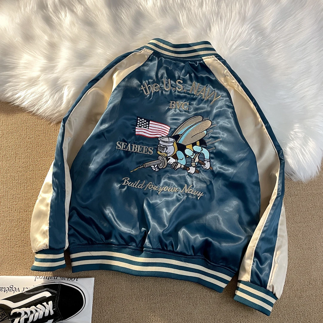 潮牌韩蜜蜂刺绣棒球服日系复古双面穿外套横须贺夹克衫风衣