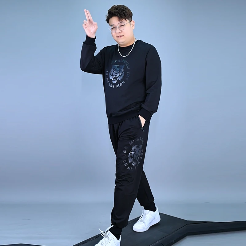 大码休闲套装男款秋冬圆领加绒户外运动卫衣裤子时尚爆款两件套