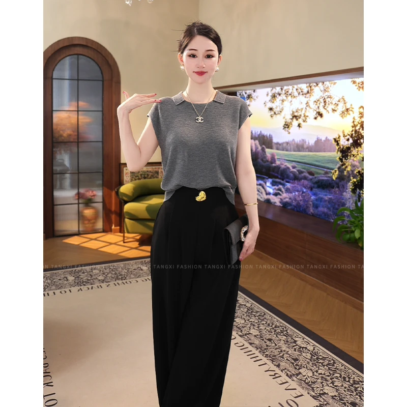 2025夏新款【7280】轻奢时尚洋气冰感绵羊毛灰色烫钻圆领上衣女