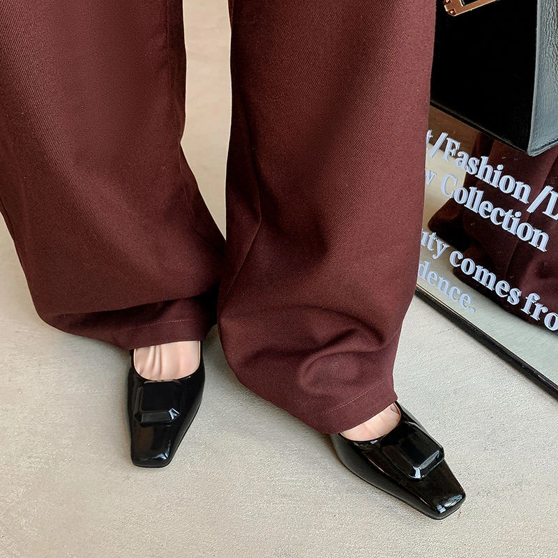 复古方头中粗跟浅口单鞋女2025年春季新款一字松紧带玛丽珍小皮鞋