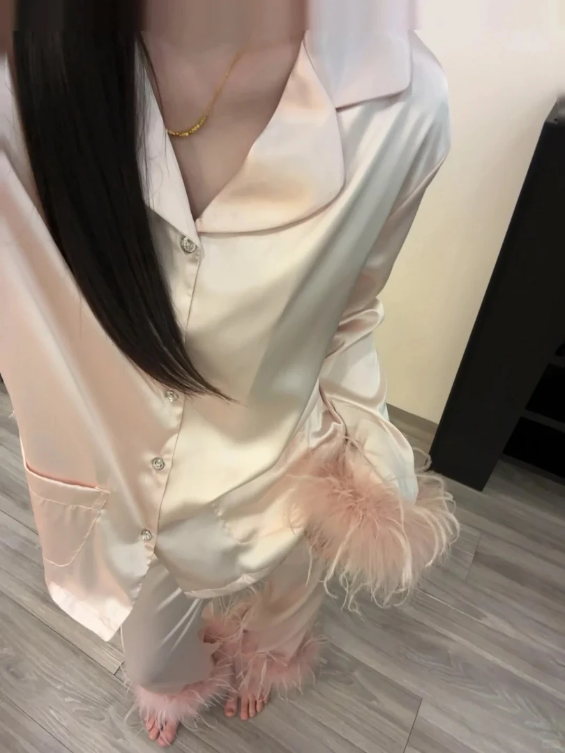 【羽毛袖口】法式纯欲风气质冰丝拼接睡衣女春秋2025新款家居服外穿