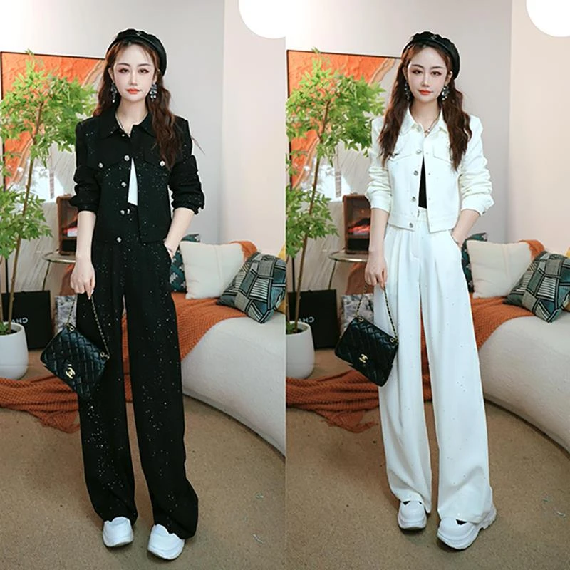 春装搭配一整套时尚2025新款爆款亮片短款外套+高腰阔腿裤两件套