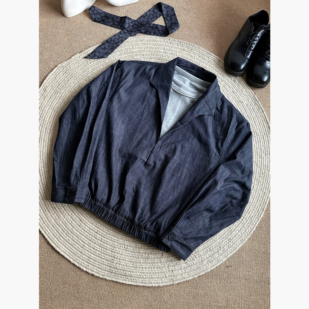 CZ2复古简约假两件牛仔原色叠穿大V领夹克丹宁男女宽松休闲卫衣