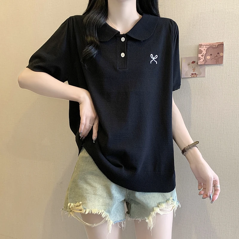 3208大码2025夏季洋气韩版冰丝针织衫胖MM百搭polo领刺绣简约短袖