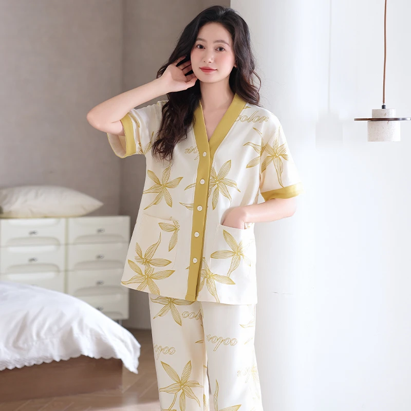 2025新款纯棉女士睡衣开衫时尚短袖印花和服可外穿长裤家居服套装