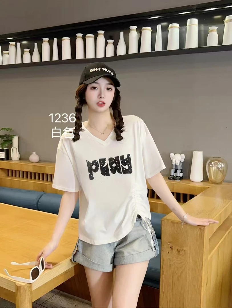 重工烫钻设计感后背洋气V领宽松抽绳减龄短袖T