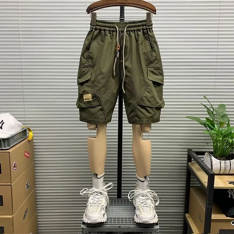 美式工装拼接男2025夏季新款速干宽松大码中裤休闲男士直筒五分裤