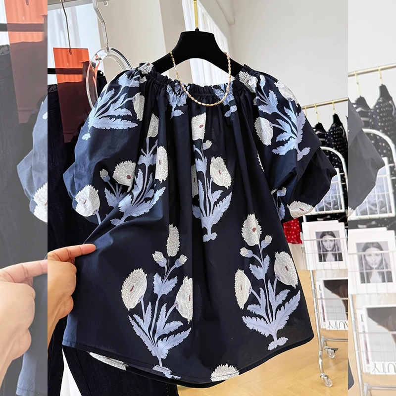 新中式古风印花夏季设计感大码泡泡袖女士宽松显瘦衬衫减龄百搭潮