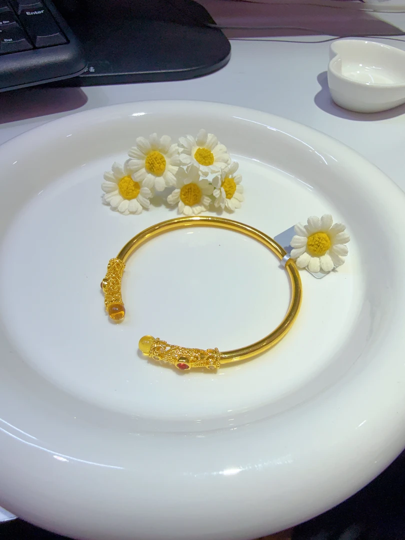 古法纯手工制作繁花似锦一生所爱天然蓝珀合金手镯K386