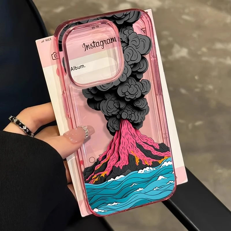 火山喷发适用苹果16promax手机壳iphone14pro新款13/14趣味冰透蓝