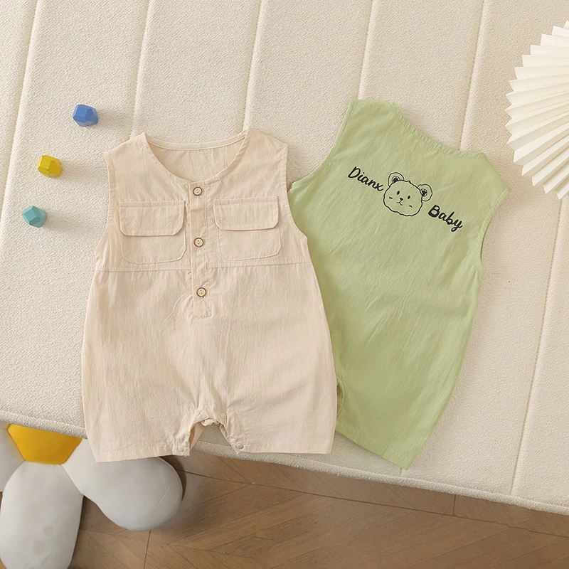 工装韩版夏季无袖短袖前大斗宽肩梭织短哈婴儿女宝洋气外穿