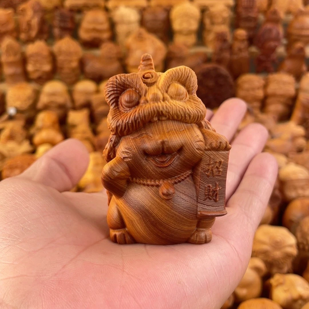 实木醒狮招财猫雕刻摆件茶道茶宠