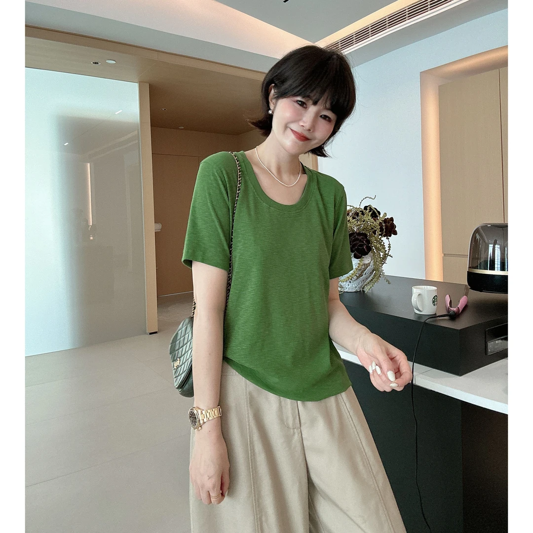 夏季软糯舒适纯色简约园林宽松显瘦短袖T恤